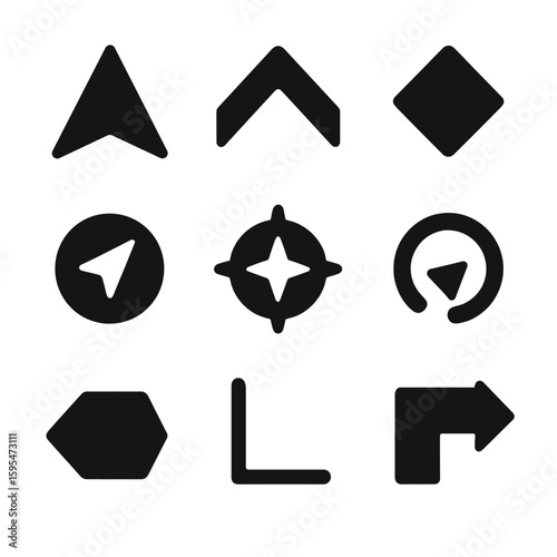 Geometric Directional Icons. Solid style icons of directional geometric shapes: arrowhead triangle, navigation chevron, upward