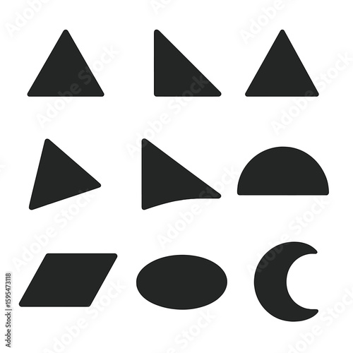 Geometric Shapes Icons. Solid style icons of basic math shapes: equilateral triangle, right triangle, isosceles triangle, acute