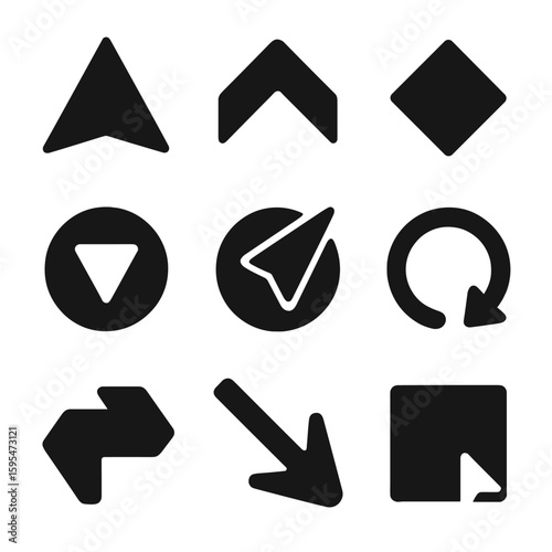 Geometric Directional Icons. Solid style icons of directional geometric shapes: arrowhead triangle, navigation chevron, upward