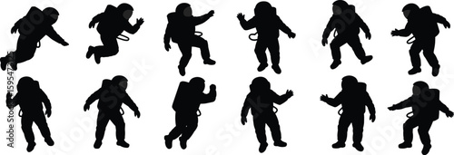 Astronaut silhouette collection in space suit poses, black vector artwork for science, exploration, cosmic adventure, outer space movement, design