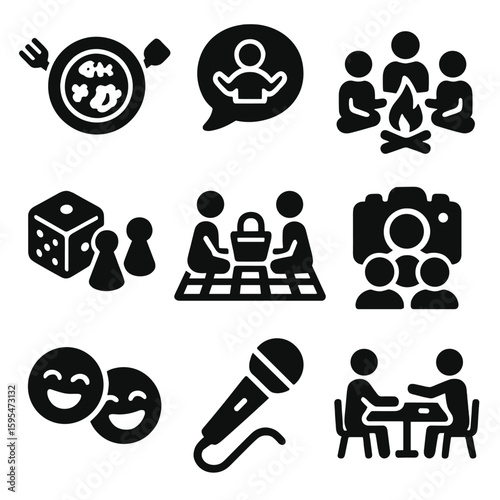 Social Bonding Icons. Solid style icons of social bonding activities: shared meal dish, storytelling icon, bonfire circle, game