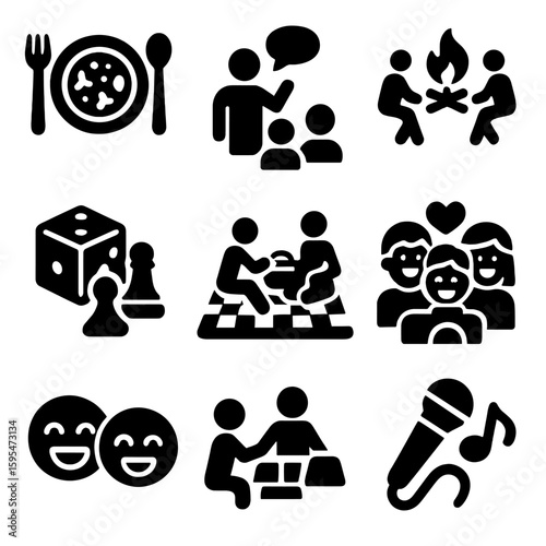 Social Bonding Icons. Solid style icons of social bonding activities: shared meal dish, storytelling icon, bonfire circle, game