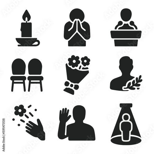 Ceremonial Event Icons. Solid style icons of ceremonial events and gratitude: candle lighting icon, moment of silence, recognition
