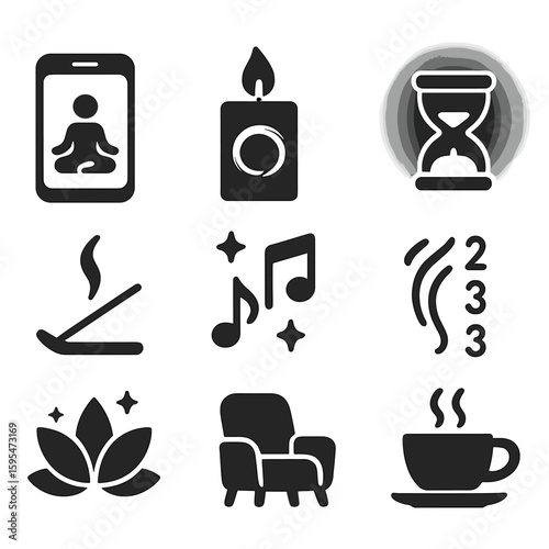 Mindfulness Icon Set. Solid style icons of mindfulness practices: meditation app icon, candle with zen symbol, peaceful music