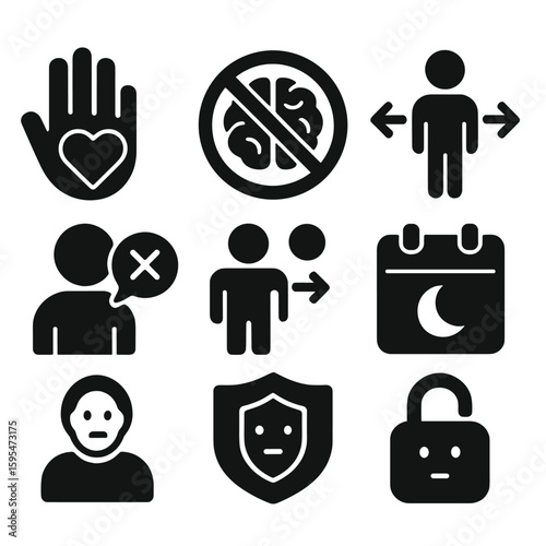 Boundary Setting Icons. Solid style icons of boundary setting and self-respect: stop hand with heart, no entry sign with brain,