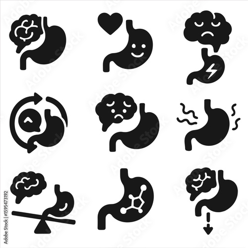 Gut-Brain Connection Icons. Solid style icons of gut-brain connection: stomach and brain linked icon, emotional digestion symbol,