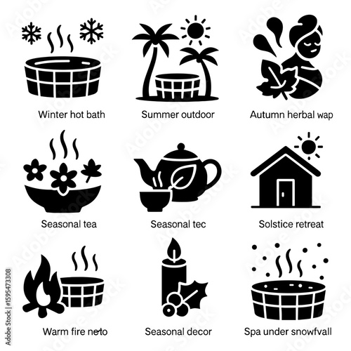 Seasonal Spa Icons. Solid style icons of seasonal spa elements: winter hot bath icon, summer outdoor spa, autumn herbal wrap,