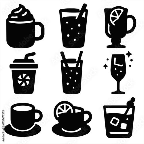 Festive Beverage Icons. Solid style icons of festive beverages: mug of cocoa with cream, glass of spiced cider, mulled wine with