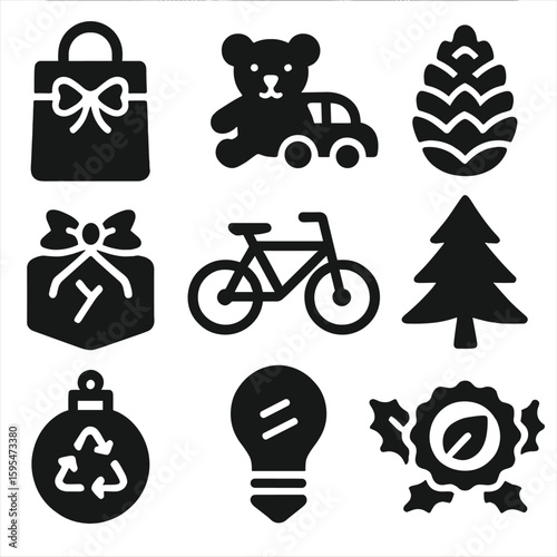 Eco-Friendly Christmas Icons. Solid style icons of sustainable and eco Christmas ideas: reusable gift bag, secondhand toys icon,