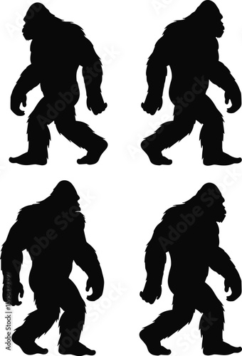 Bigfoot, Sasquatch, Yeti silhouettes, walking poses, black and white cryptid vector, mythical creature illustration, isolated paranormal artwork, Adobe Stock