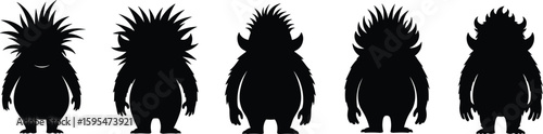 Black and white monster silhouettes, five creative characters, spiky hair, fantasy creature design, unique illustration, creepy graphic, Adobe Stock artwork
