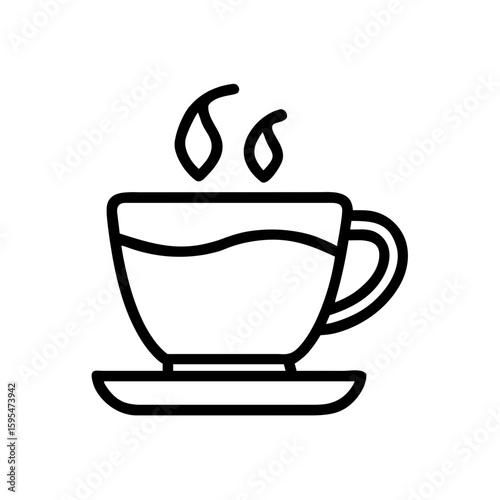 Line art illustration of a steaming teacup on a saucer with transparent background  