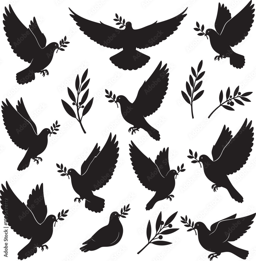 Obraz premium Dove with Olive Branch Silhouette Collection – Peace Symbol Vector Set