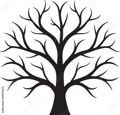 Silhouette of a bare deciduous tree with intricate branches isolated on transparent background