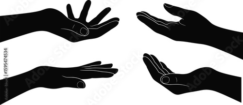 Black hand silhouette vector, diverse gestures illustration, artistic communication design, unity concept, expressive graphic artwork, Adobe Stock image
