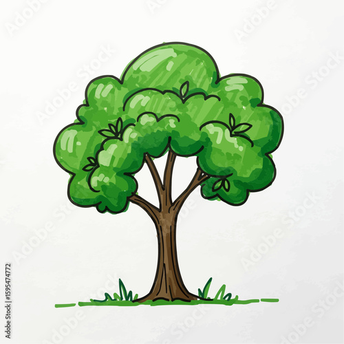 Cartoon tree with green foliage and brown trunk in grassy area  