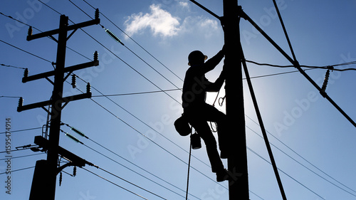 Silhouette of lineman climbing utility pole against bright sun and blue sky image