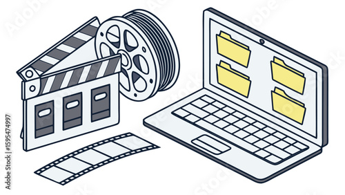 Film reel, clapperboard, and laptop with folders in a digital media editing concept illustration

