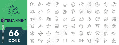 Entertainment, Hobby and Lifestyle Line Icon Set. Collection of 66 thin outline icons including music, movies, games, art, travel, and leisure. Editable stroke. Linear vector illustration.