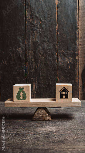 Wooden cubes with money and house symbols balanced on a scale image