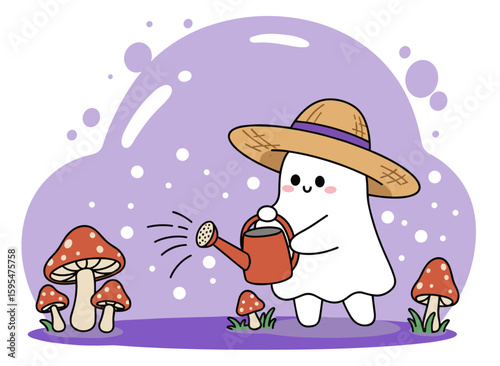 Cute Ghost in Straw Hat Watering Mushrooms