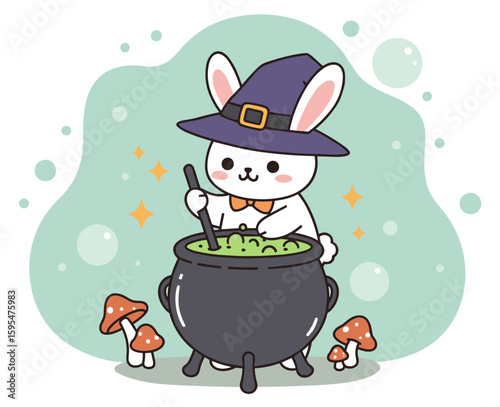Cute Bunny Dressed as a Witch Stirring a Cauldron