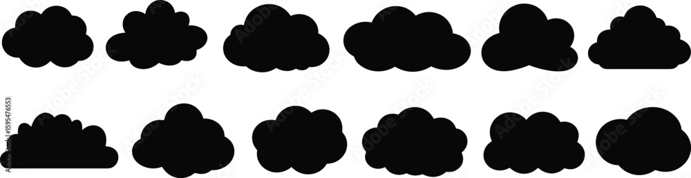 Cloud silhouette vector set, atmospheric design elements, black graphic shapes, weather icon collection, minimalist artwork, nature illustration pack, sky theme Cloud silhouette vector set, atmospheric design elements, black graphic shapes, weather icon collection, minimalist artwork, nature illustration pack, sky theme