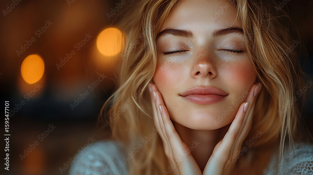 Fototapeta premium Serene Woman with Closed Eyes, Touching Face, Bokeh Background