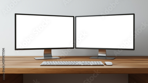 Two blank white computer screens on a wooden desk with keyboard and mouse monitor