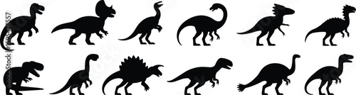 Dinosaur silhouette vector collection, prehistoric animal icon set, black creature graphic pack, extinct species illustration bundle, nature wildlife artwork design