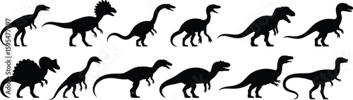 Dinosaur silhouette vector collection, prehistoric creature icon set, black wildlife illustration design, species identification artwork pack, extinct animal graphic