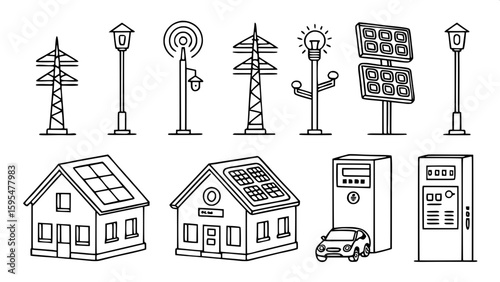 A grid of 20 vector icons exploring home and urban electric infrastructure. Features street charging poles, energy-efficient streetlights, smart electric meters, fuse boxes, EV parking zones, and roof