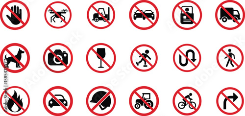 Prohibited activity icons – no entry, no smoking, no dogs, no cameras, no parking, no U-turn, no fire, no pedestrians