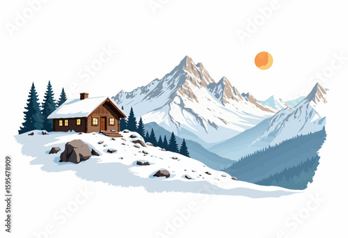 Cozy cabin in winter landscape with snowy mountains and sun  