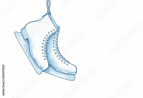 White ice skates hanging from a string on a plain background  