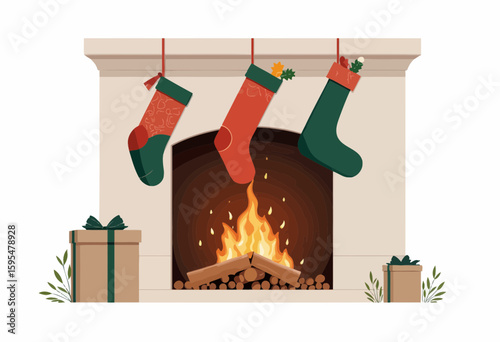 Christmas stockings hanging above a warm fireplace with presents  