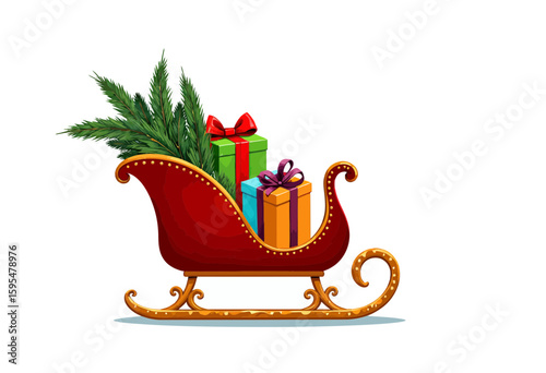 Red sleigh with presents and evergreen branches on white background  