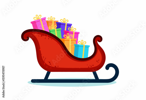 Colorful sleigh filled with holiday presents on white background  