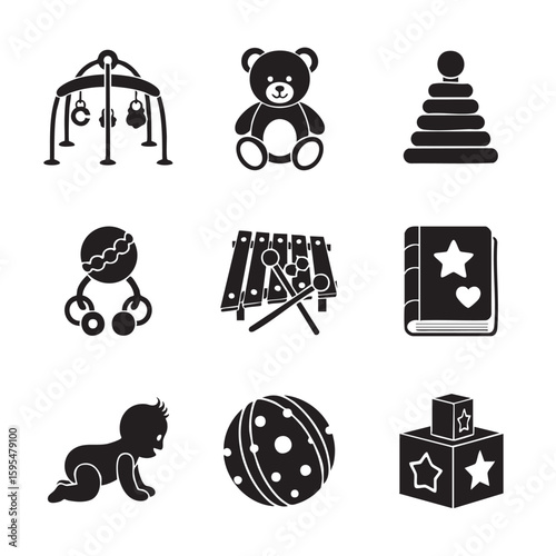 Baby toys collection including teddy bear xylophone stacking rings and crawling infant vector
