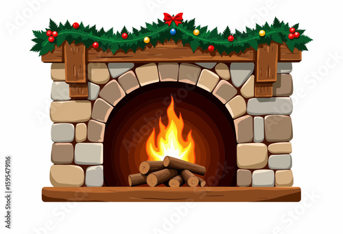 Cozy fireplace with flames and holiday decorations on mantle  