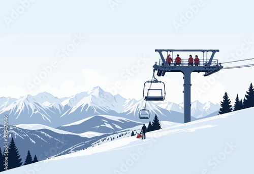Ski lift transporting passengers in snowy mountains during winter  