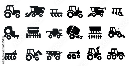 Collection of farm equipment icons. The icons include tractors, combines, and other farm machinery