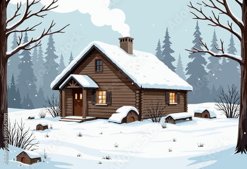 Cozy wooden cabin in snowy forest during winter season  