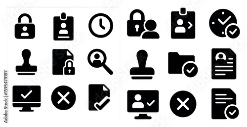 Set of icons for a computer program. The icons include a clock, a key, a person, a computer monitor, a mouse, a paper, a folder, a check mark, and a check box