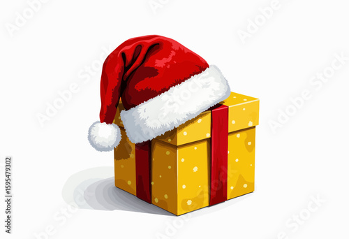 Yellow gift box with red ribbon and Santa hat on top  
