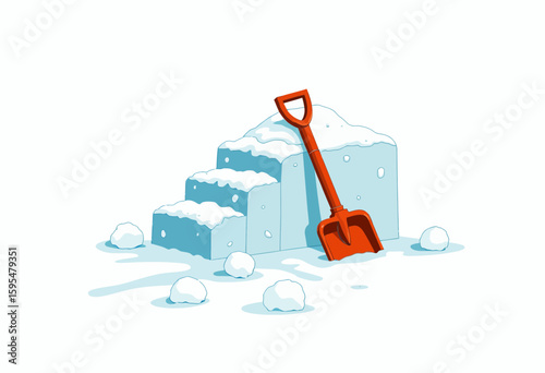 Snow shovel resting on snowy steps in winter landscape  