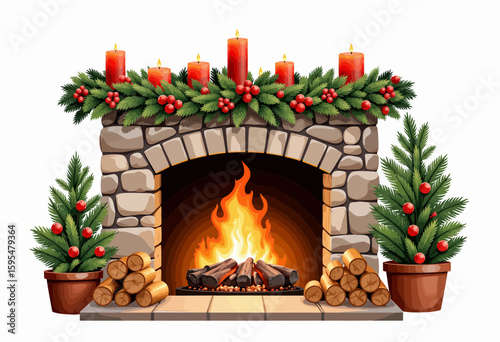 Cozy Christmas fireplace decorated with candles and evergreen plants  