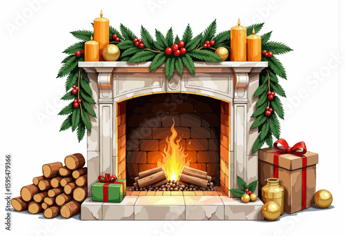 Christmas fireplace decorated with candles and gifts with logs  