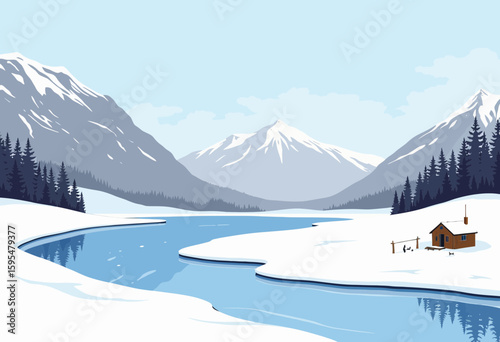 Snowy mountain landscape with river and cabin in winter setting  