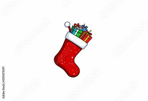 Christmas stocking filled with colorful gifts and decorations  